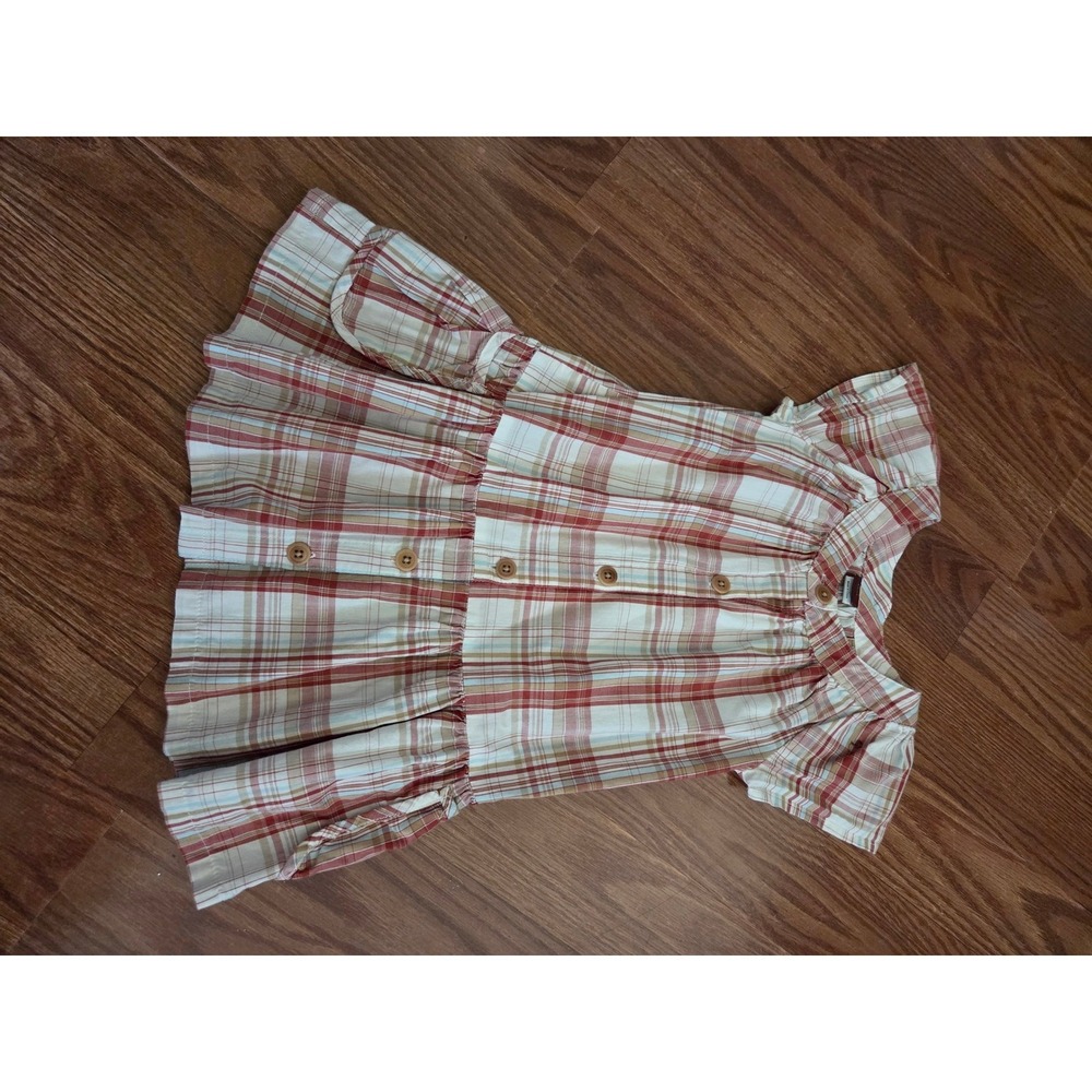 Tea Collection Girls Red Tan Plaid Tiered Cotton Button Front Dress Size 2